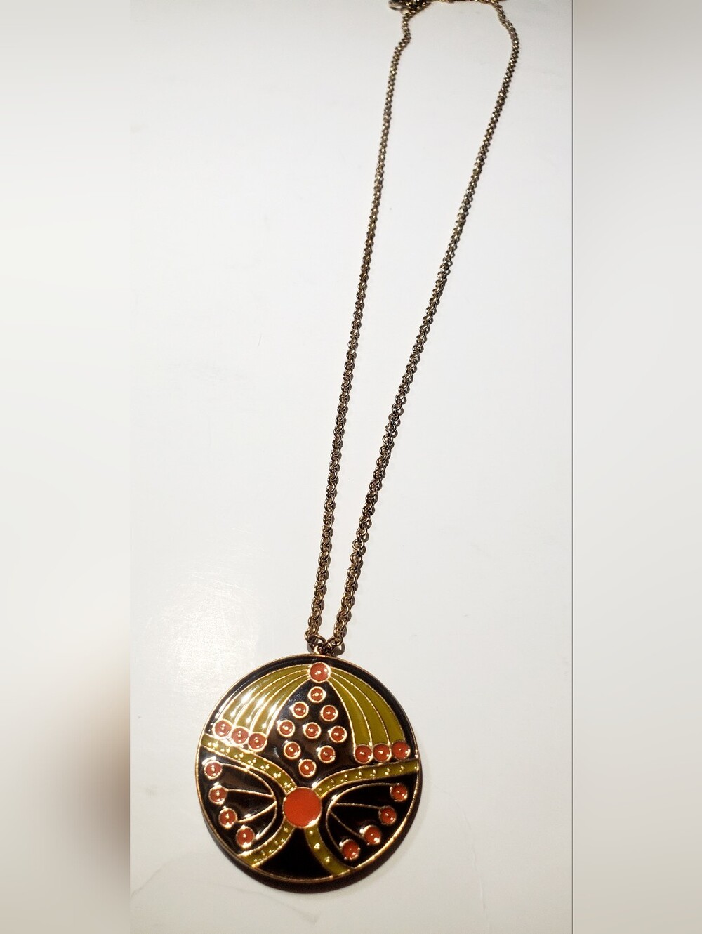 Gold Tone Green & Orange Enamel Pendant Necklace
